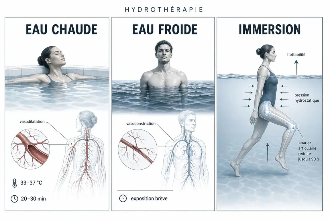 Tout savoir sur l'hydrothérapie : schéma des effets de l'eau chaude, de l'eau froide et de la flottabilité