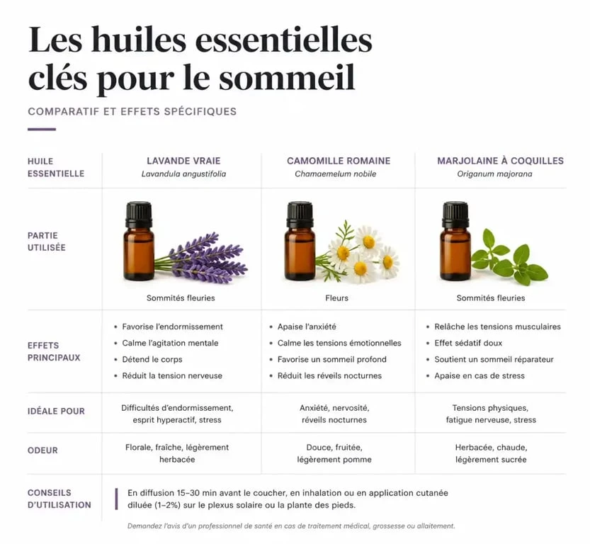 Tableau comparatif des huiles essentielles pour l'insomnie et leurs propriétés relaxantes