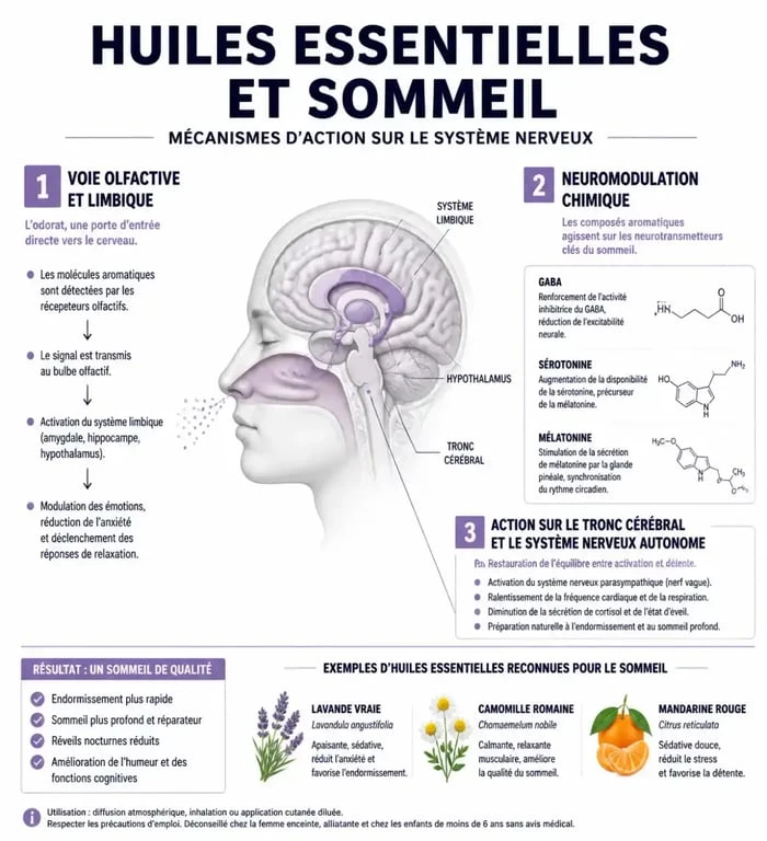 Infographie sur les bienfaits des huiles essentielles contre l'insomnie et leurs mécanismes d'action