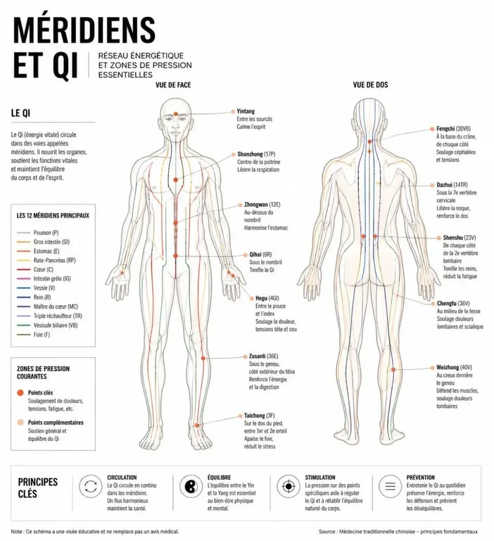 Schéma des méridiens du chinois massage et des zones de pression