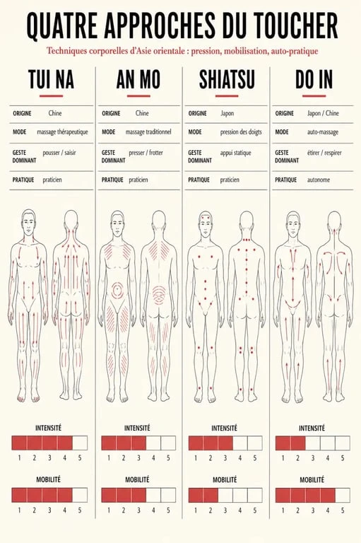 Comparatif du chinois massage entre Tui Na, An Mo, Shiatsu et Do In