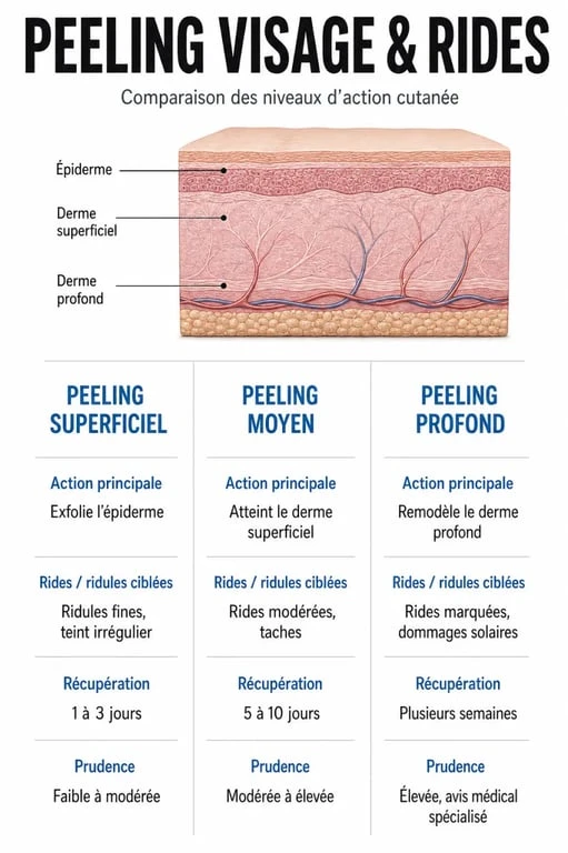 Peeling visage rides : infographie comparative des peelings superficiel, moyen et profond sur les rides et la récupération