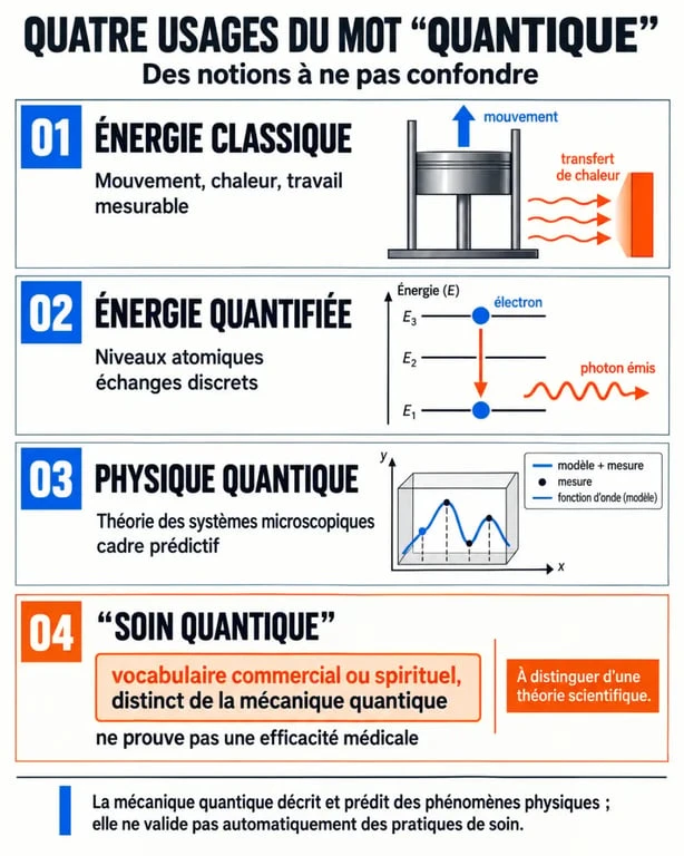 Infographie pédagogique sur les énergies quantiques et la différence entre physique quantique et soins dits quantiques
