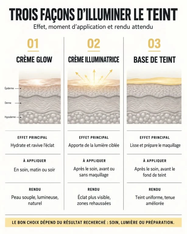 Crème glow visage, crème illuminatrice et base de teint : différences de rendu et d’utilisation