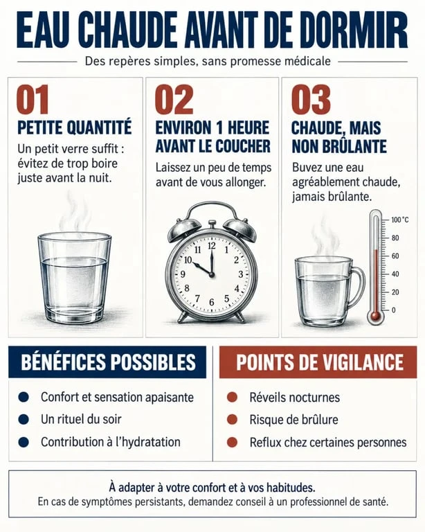 Infographie sur boire de l'eau chaude avant de dormir : quantité, horaire et risques