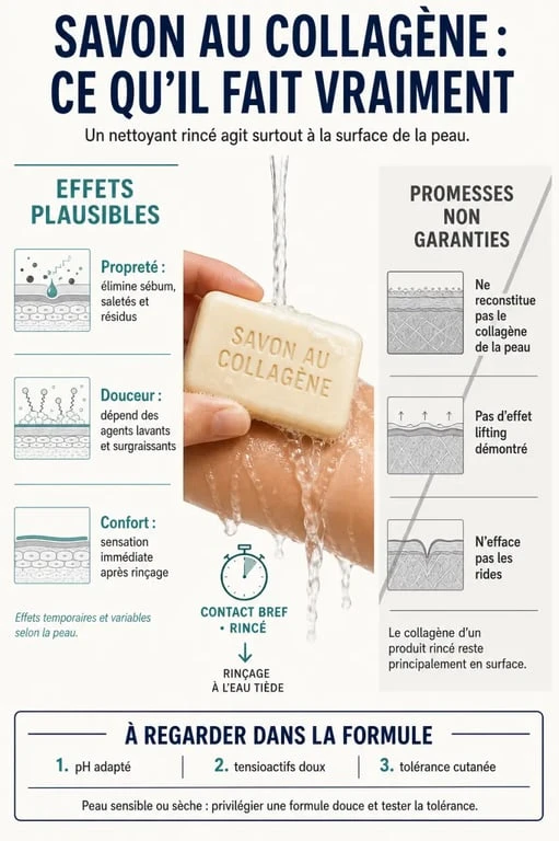Infographie sur les bienfaits d’un savon au collagène et ses limites