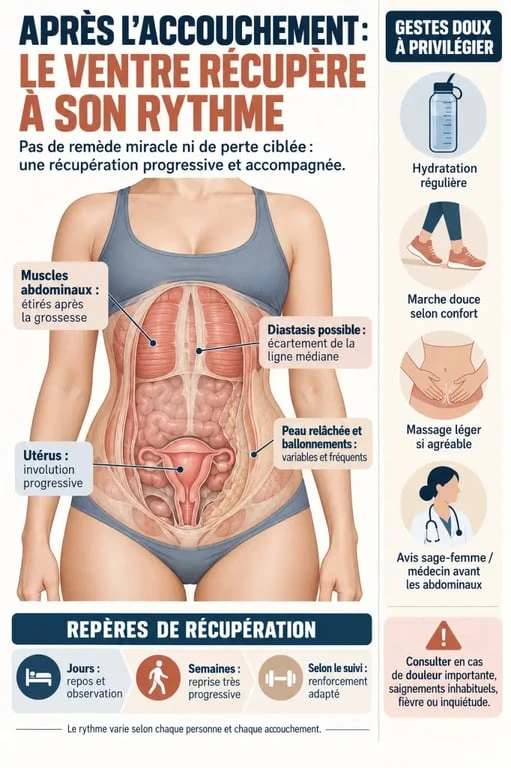 Infographie sur le remède de grand-mère pour perdre du ventre après accouchement et les étapes de récupération post-partum