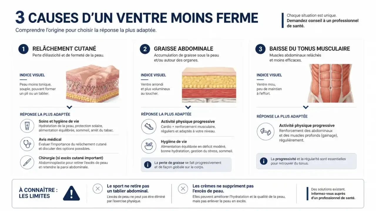 Infographie pour raffermir la peau du ventre selon le relâchement cutané, la graisse ou le manque de tonicité