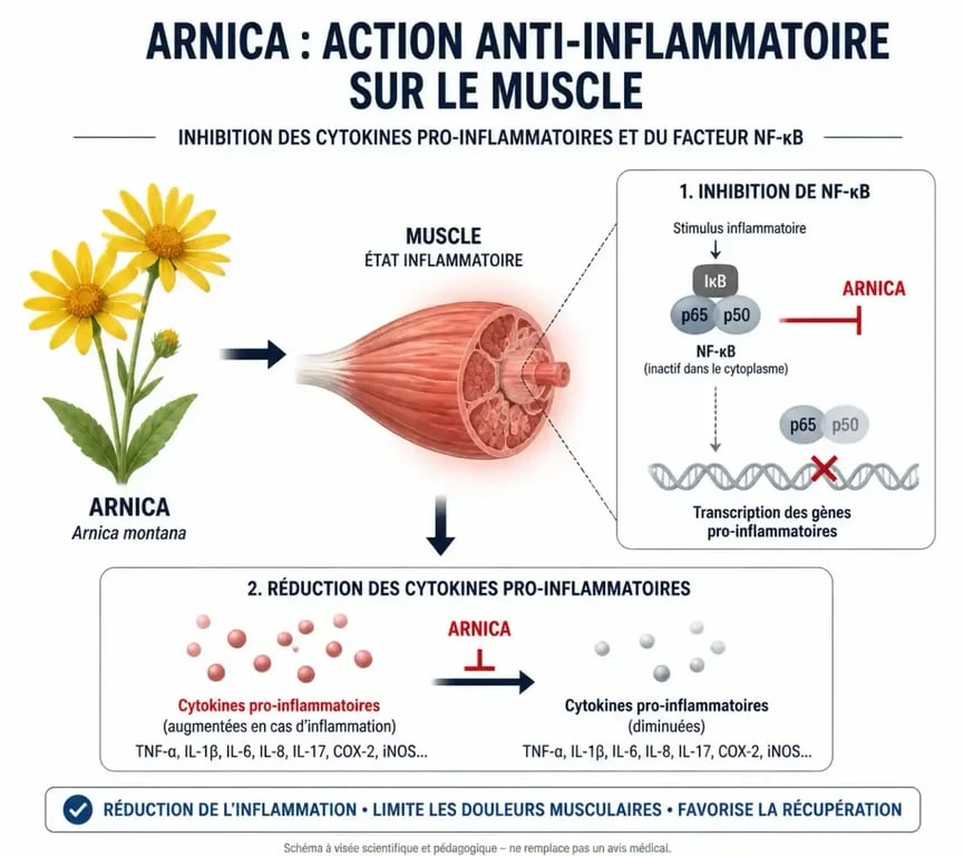 Schéma du mécanisme d'action de l'arnica sur la douleur musculaire et l'inflammation