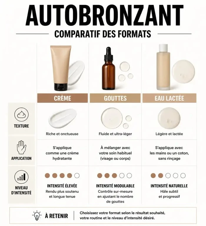 Tableau comparatif des formats de crème visage autobronzante pour choisir le produit adapté