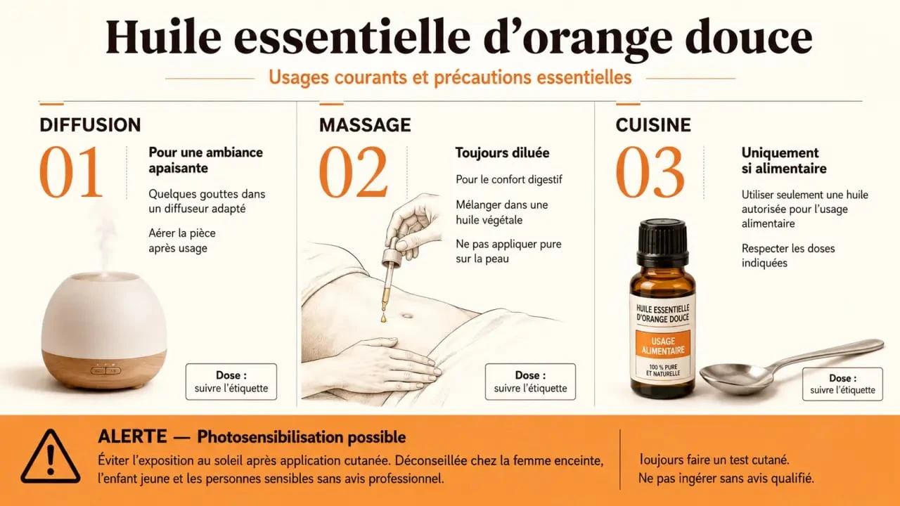 Huile essentielle orange douce : usages diffusion, massage et cuisine avec précautions de photosensibilisation