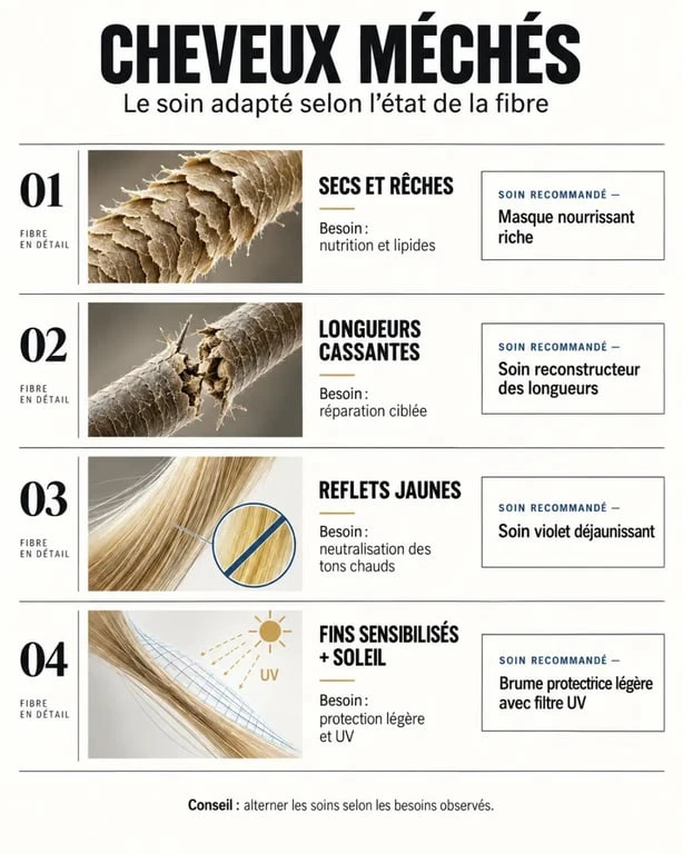 Infographie pour choisir le meilleur soin cheveux méchés selon leur état
