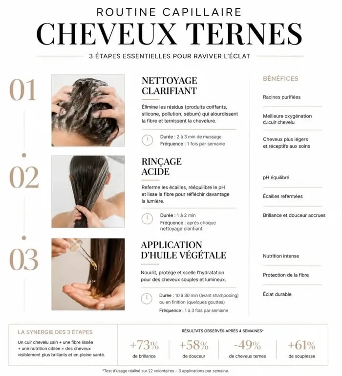 Routine de soin pour redonner de la brillance aux cheveux ternes