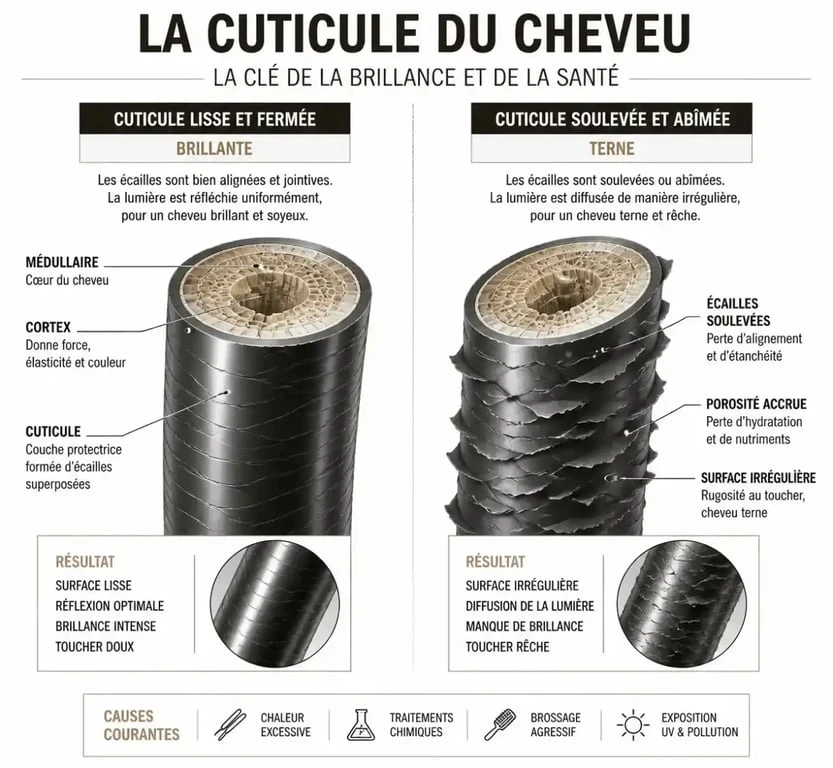 Schéma explicatif de la structure du cheveu pour comprendre les causes des cheveux ternes
