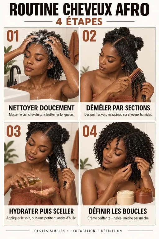 Routine de soin pour les cheveux afro en quatre étapes, du lavage à la définition des boucles