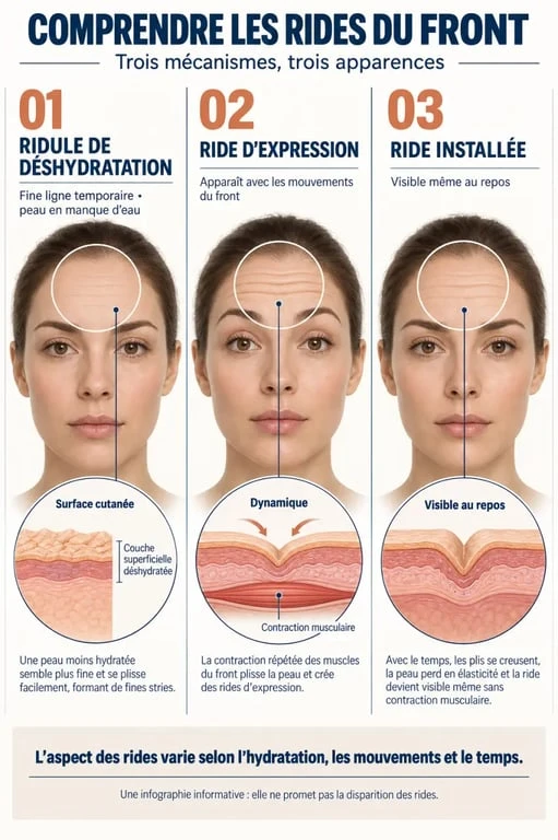 Infographie sur les rides du front : ridule de déshydratation, ride d’expression et ride installée