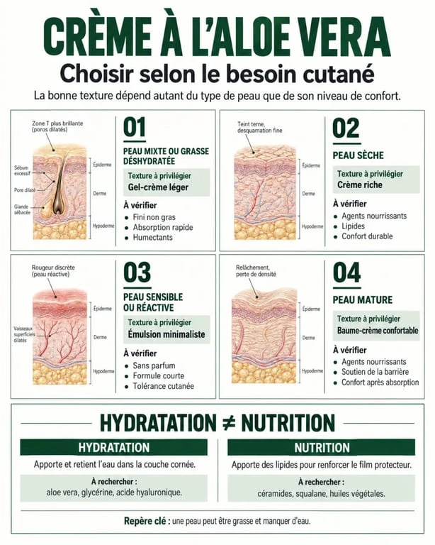 Infographie pour choisir une crème aloe vera visage selon son type de peau et sa texture