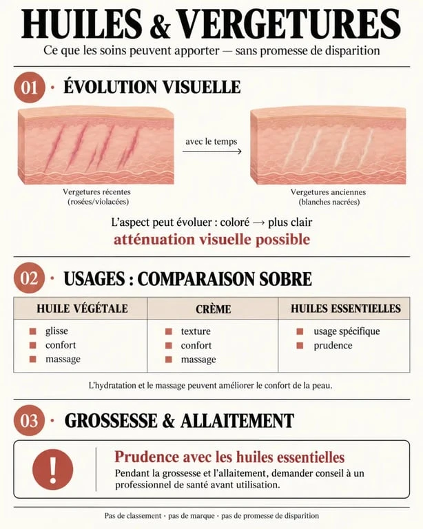 Infographie sur l’huile pour vergeture selon le stade des marques et la grossesse