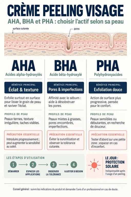 Crème peeling visage : comparaison visuelle des actifs AHA, BHA et PHA selon les besoins de la peau