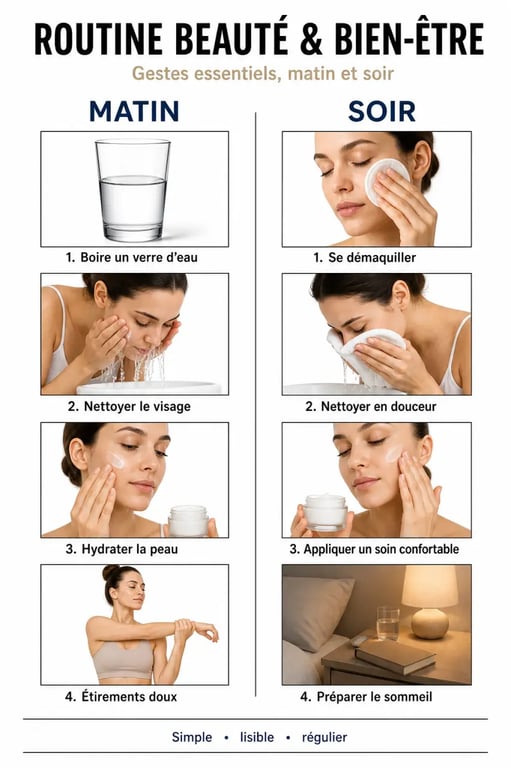 Beauté et bien-être : comment construire une routine simple et efficace au quotidien illustrée par une séquence matin et soir