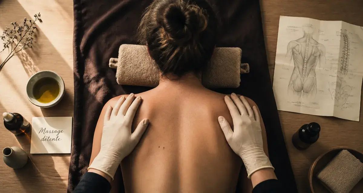 Massage du dos détente : mains sur le haut du dos sans pression sur la colonne vertébrale