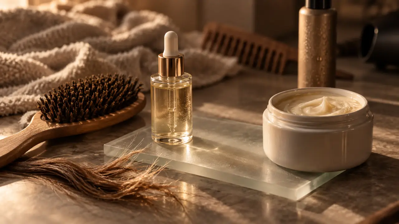 Soin miracle cheveux brûlés : brosse, sérum et masque sur cheveux abîmés