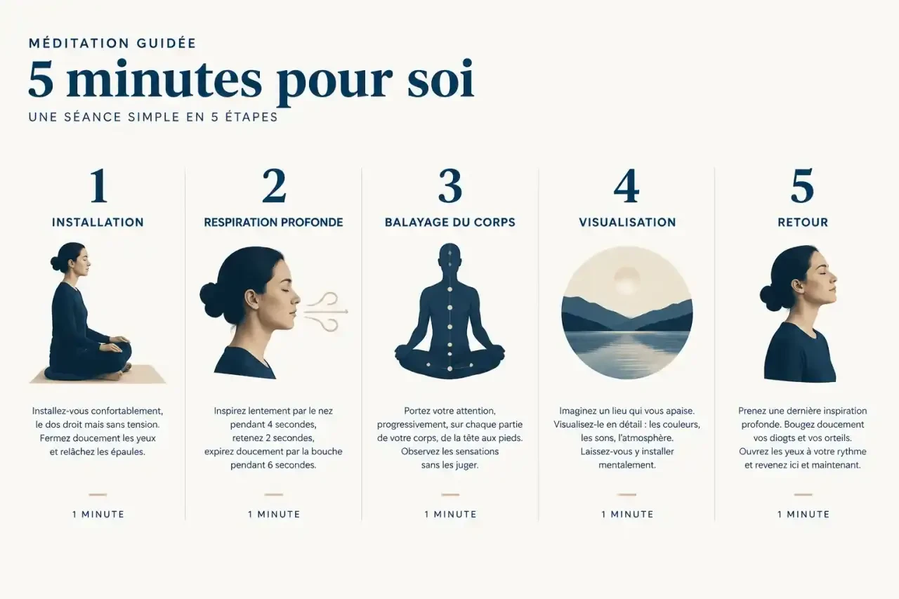 Les cinq étapes d'un texte de méditation guidée en PDF : installation, respiration, balayage du corps, visualisation et retour