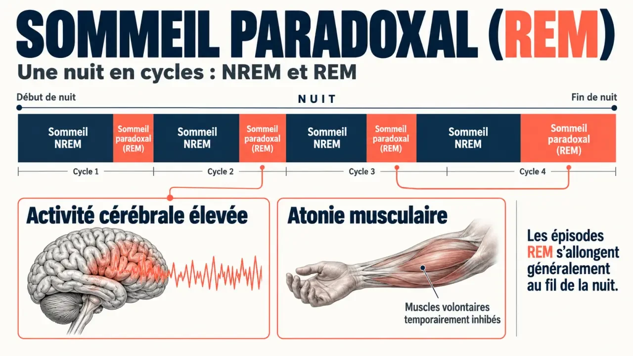 Infographie sur le REM sommeil et l’alternance des cycles NREM et sommeil paradoxal au cours de la nuit