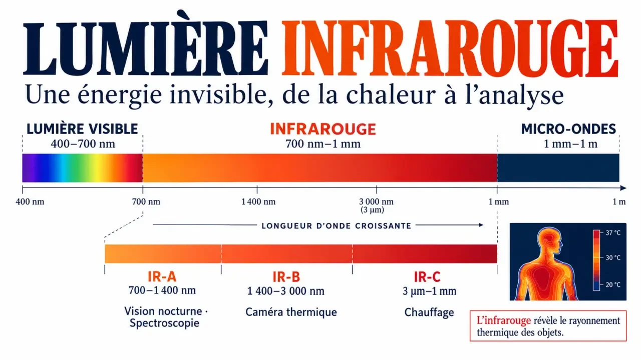 Lumière infrarouge : spectre électromagnétique, catégories IR-A IR-B IR-C et principales applications