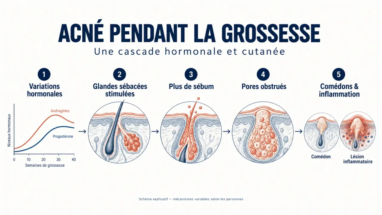 Schéma explicatif de l’acné grossesse : hormones, sébum, pores obstrués et boutons
