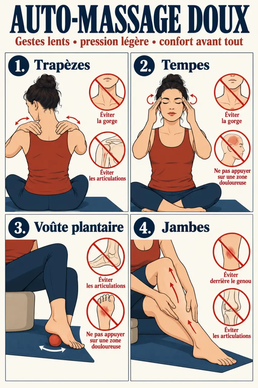Illustration des gestes d’auto-massage doux pour la nuque, le visage, les jambes et les pieds