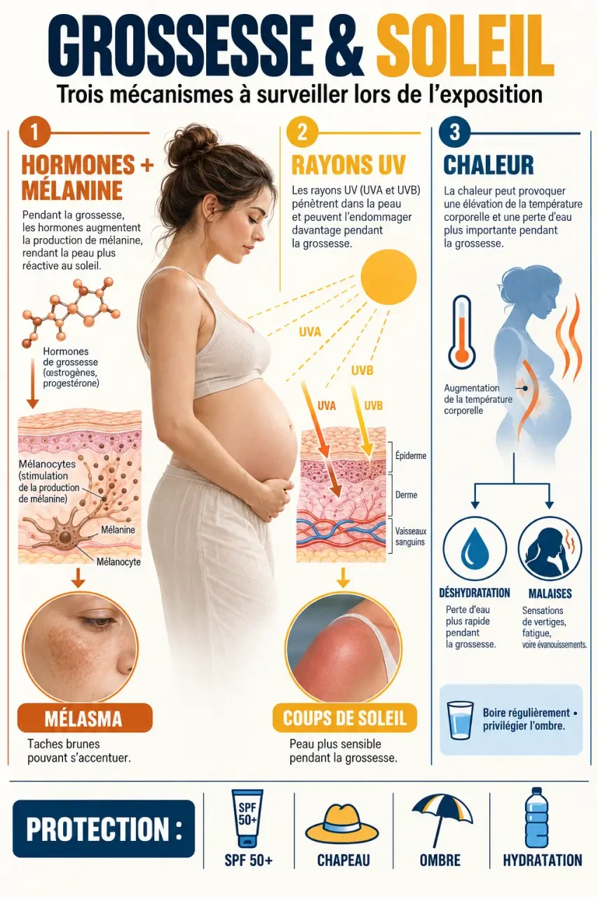 Femme enceinte soleil : schéma des risques liés aux UV, à la chaleur et au masque de grossesse