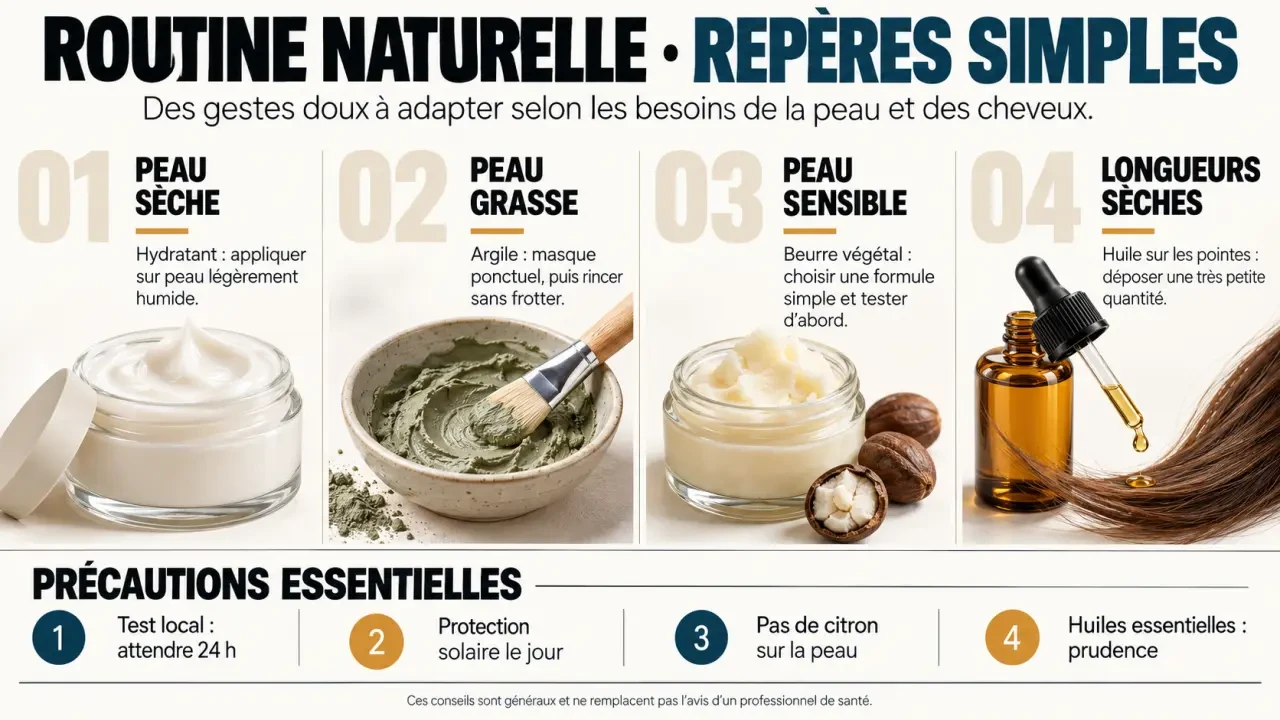 Infographie sur les soins naturels selon les besoins de la peau et des cheveux