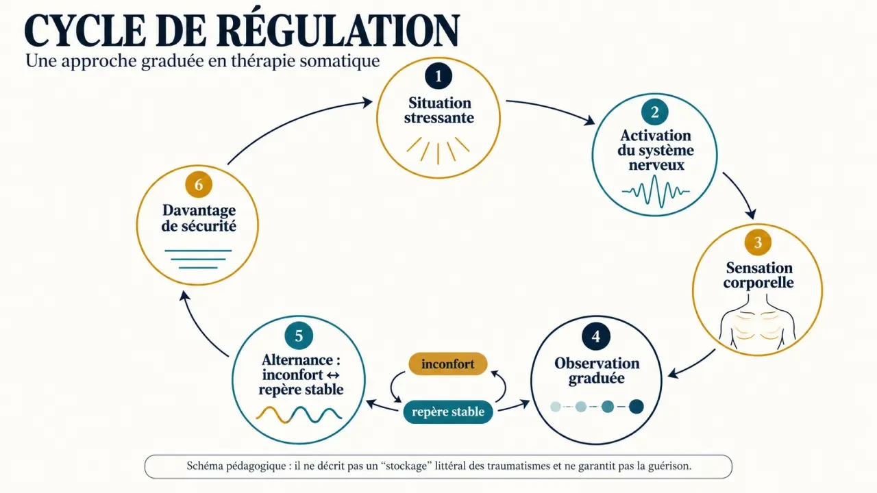 Schéma pédagogique de thérapie somatique montrant l’activation corporelle, l’observation des sensations et le retour vers la sécurité