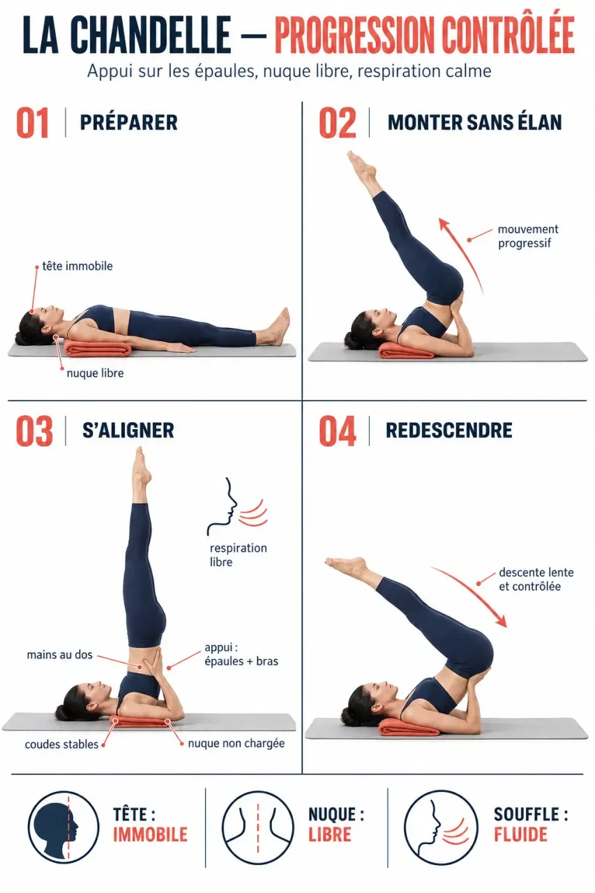 Illustration des étapes de la posture yoga chandelle avec appuis sur les épaules et sortie contrôlée