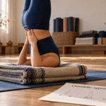 Yoga chandelle, nuque alignée sur tapis antidérapant, épaules sur couvertures.
